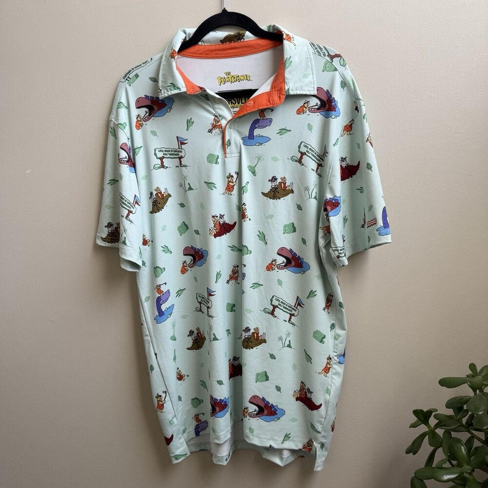 RSVLTS The Flintstones Golf Polo Shirt Men's Large Mint Green Cartoon Print